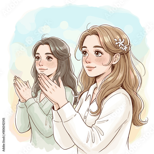 Two women clapping hands with cheerful expressions and soft background  