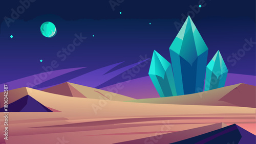 Alien landscape with crystals and a green moon view