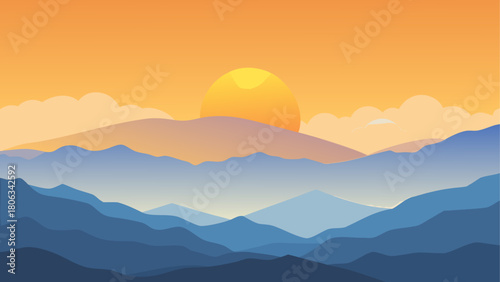 Landscape of mountains with sun and clouds at sunset