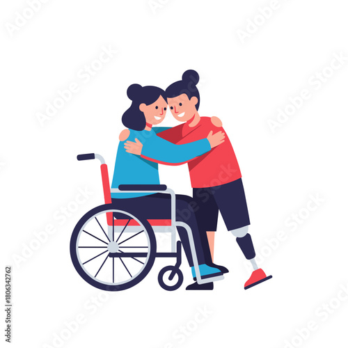 Two women embracing, one in wheelchair and one with prosthetic leg  