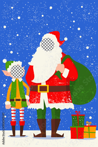 Santa and elf Christmas photobooth cut out board with face holes, cute festive snow backdrop with gifts, sack and cartoon characters. Holiday selfie prop for party, winter celebration decoration