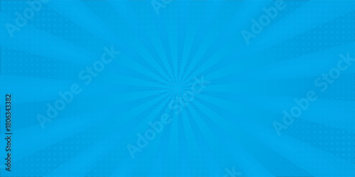 Comic background. Pop art texture. Starburst cartoon style. Anime design with explosion effect for print. Fun dot pattern. Blue backdrop with halftone gradient.