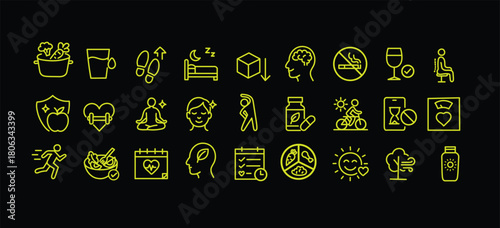 Healthy lifestyle and wellness icons including fitness, nutrition, mindfulness and medical habits, yoga, meditation, skincare, immune, supplement, walking, running, vector illustration set.
