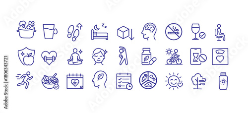 Healthy lifestyle and wellness icons including fitness, nutrition, mindfulness and medical habits, yoga, meditation, skincare, immune, supplement, walking, running, vector illustration set.