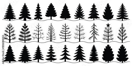 A vector illustration of fir and pine trees. Set of fir trees silhouettes. set of fir trees silhouette forest view pine trees. Vector Christmas Tree Silhouette Set. Collection of Pine, Fir, and Spruce