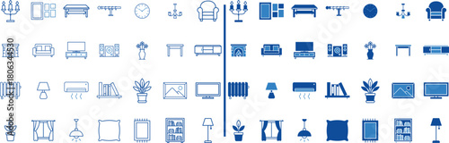 Furnishing Collection: An array of furniture icons, meticulously arranged, representing an extensive range of interior decor options.  From elegant armchairs to cozy beds.