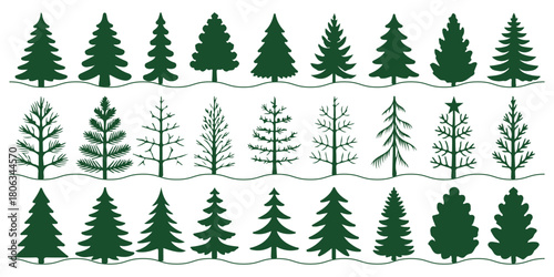 A vector illustration of fir and pine trees. Set of fir trees silhouettes. set of fir trees silhouette forest view pine trees. Vector Christmas Tree Silhouette Set. Collection of Pine, Fir, and Spruce