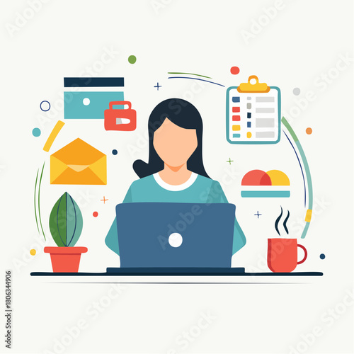 Flat vector cartoon illustration of business woman in office working on laptop computer at desk