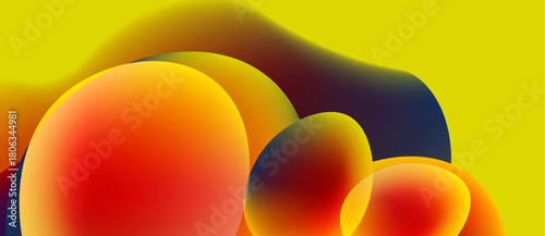 Abstract fluid shapes, vibrant colors blend. Yellow backdrop contrasts warm reds, oranges, deep blues. Modern design, smooth gradients dominate composition.