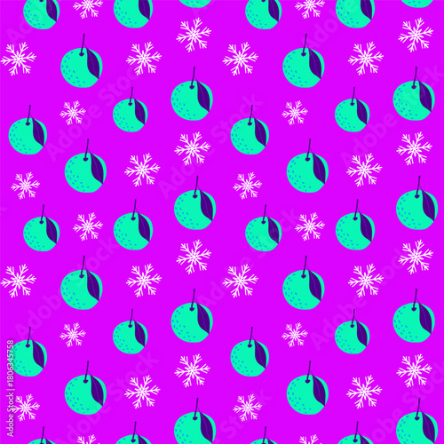 Vector winter pattern with citrus fruits and snowflakes in bright colors