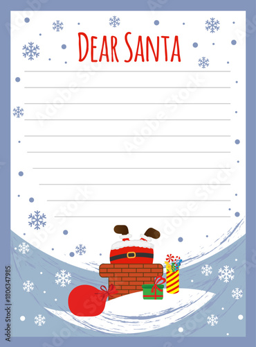 New Year letter to Santa Claus, wish list.  Santa Claus got stuck in the chimney.  Holiday new year decoration template.