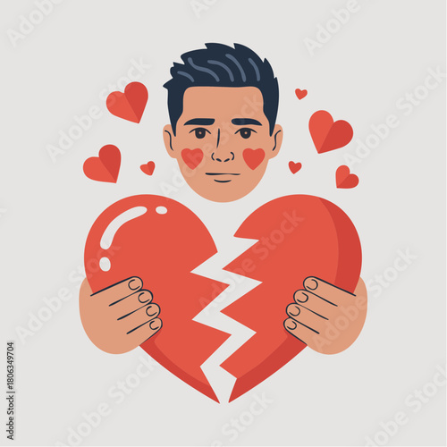 A sad young man with a broken heart illustration surrounded by smaller hearts.