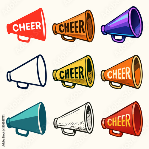 A vibrant collection of nine cheerleading megaphones in various colors and artistic styles.