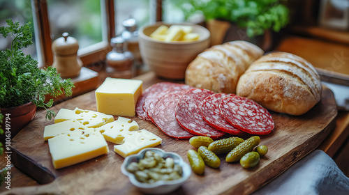 Rustic charcuterie board with cheese, salami, pickles, bread, butter, and capers, ready for a delightful snack or appetizer.