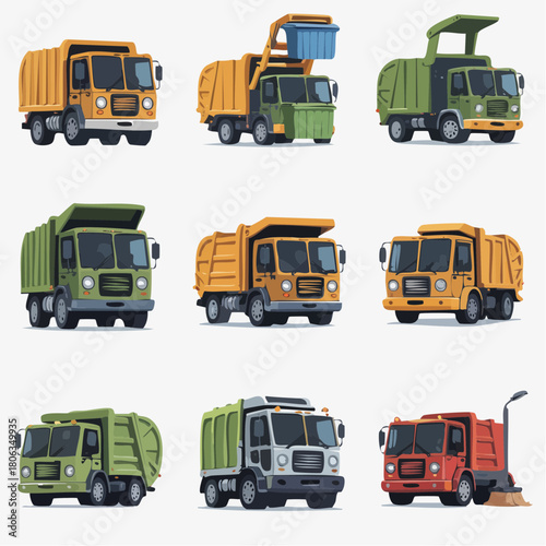 A set of nine stylized illustrations of various sanitation and utility trucks on a plain background.