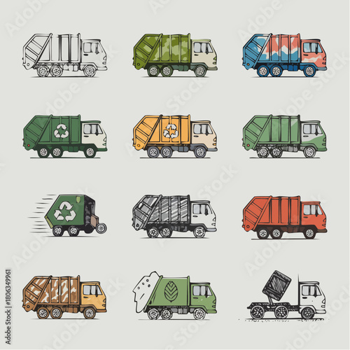 A collection of twelve illustrated garbage trucks in various styles and colors, including recycling and waste management vehicles.