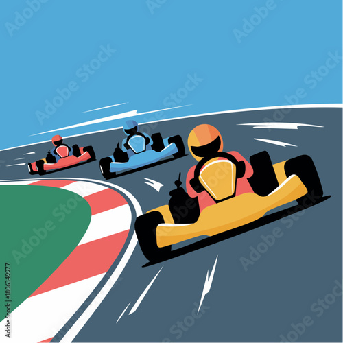 Stylized vector illustration of three colorful go-karts racing on a track and turning a corner.