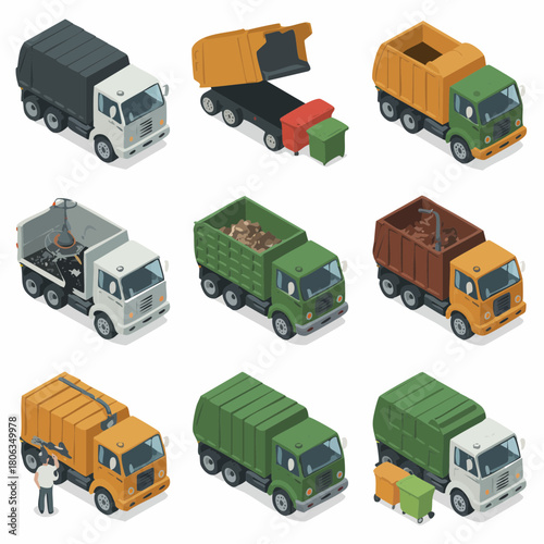 Isometric collection of various garbage trucks and waste management vehicles on a white background.