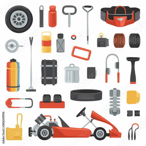 Collection of isolated go-kart components and a complete red racing kart on a white background.