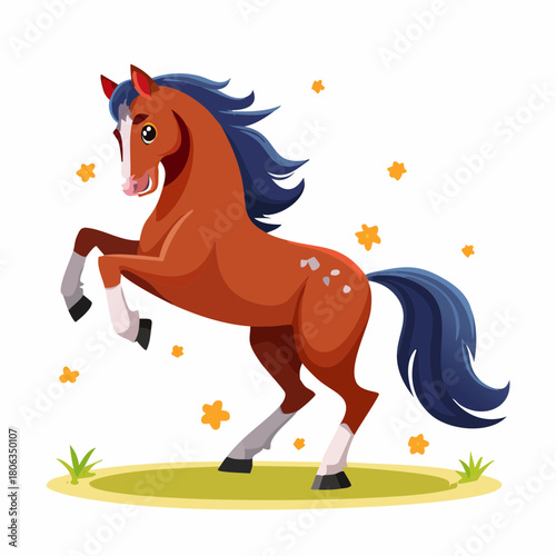 A playful brown cartoon horse with a blue mane and tail rearing up on a green pasture with yellow stars.