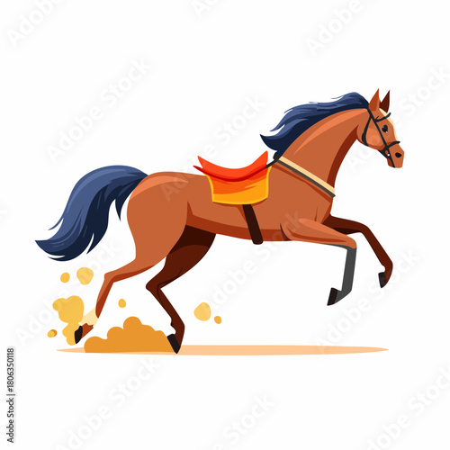 A cartoon illustration of a brown horse with a saddle galloping energetically on a white background.