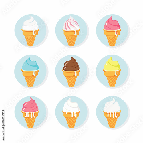 A collection of nine colorful ice cream cones with various flavors in a flat design style.