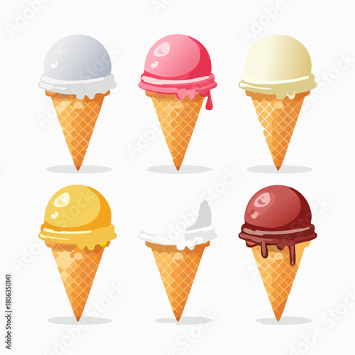 A set of six colorful ice cream cones with various flavors isolated on a white background.