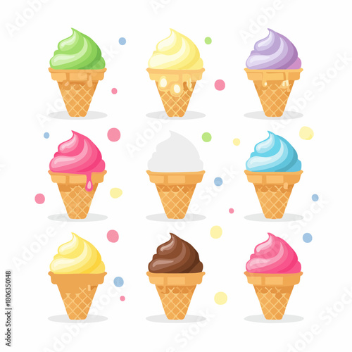 A colorful set of nine different ice cream cones with various flavors on a white background with sprinkles.