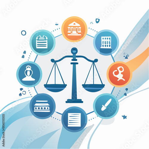 Conceptual illustration of the justice system with various legal and law enforcement icons surrounding scales.