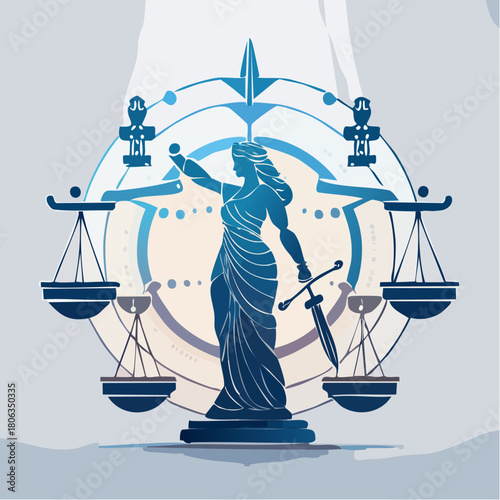 Stylized blue illustration of Lady Justice, the personification of moral force in judicial systems, holding scales and a sword.