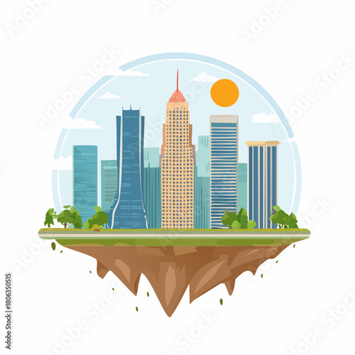 Stylized vector illustration of a modern city skyline with skyscrapers on a floating island of land.