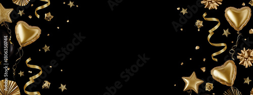 Black background with gold stars, heart-shaped foil balloons in 3D style, empty center space
