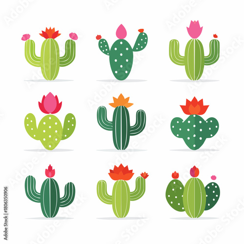 A collection of nine cute cartoon cactus illustrations with colorful flowers on a white background.