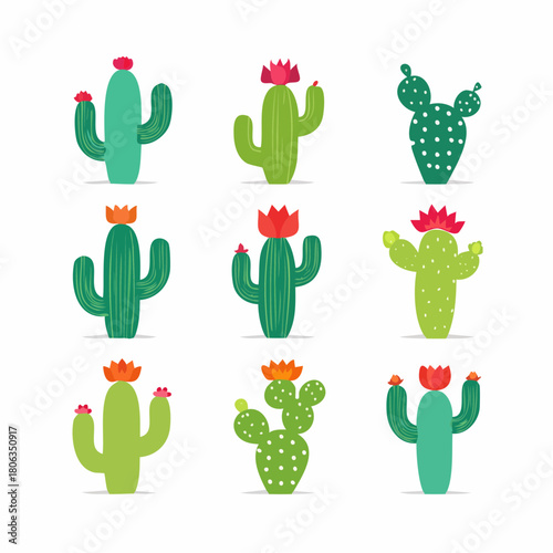 A collection of nine cute, stylized cartoon cactus illustrations with colorful flowers, isolated on a white background.