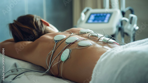 Patient applying electrical stimulation therapy massage on back while laying on hospital bed. TENS electrodes, Receiving care and electric treatment, Muscle therapy
