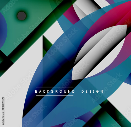 Abstract geometric shapes overlap, creating dynamic composition. Blues, greens, whites dominate design, with purple accents. Modern aesthetic.