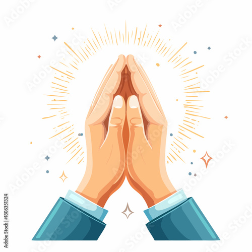 Clasped hands in a gesture of prayer, surrounded by a divine golden glow and sparkles.