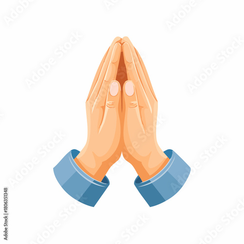 Vector illustration of two hands pressed together in a gesture of prayer or supplication on a white background.