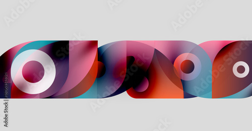 Abstract colorful shapes overlap forming letters. Design features vibrant hues, gradients, modern aesthetic. Minimalist composition, clean lines.