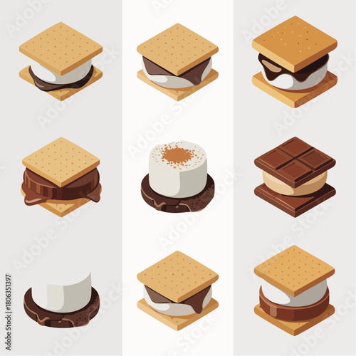 A collection of nine isometric vector illustrations depicting s'mores and their individual components.