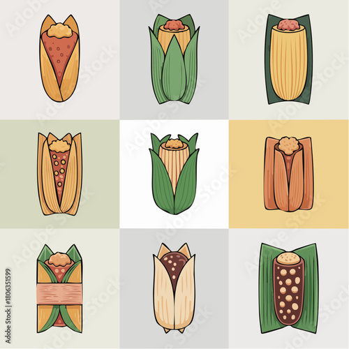 A collection of nine stylized illustrations of tamales and corn-based dishes arranged in a grid.