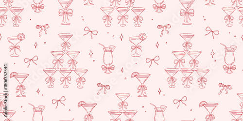 Seamless pattern with whimsical cocktails and glass tower , hand drawn modern background, allover print in pink colors