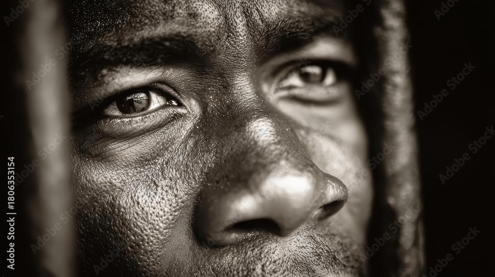 Obraz premium Close-up portrait of a thoughtful dark-skinned man with textured skin looking through vertical bars in a contemplative and emotional moment with deep focus on the eyes and face details