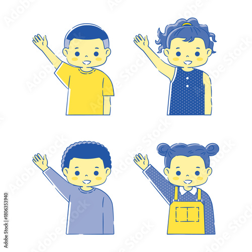 手を上げた黒人のキッズイラストセット 2C