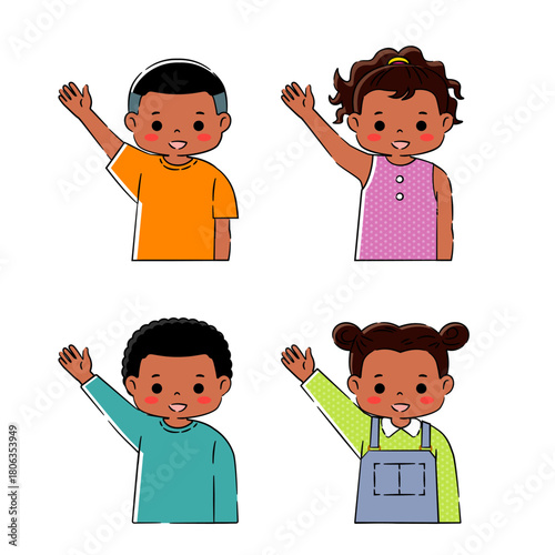 手を上げた黒人のキッズイラストセット 4C