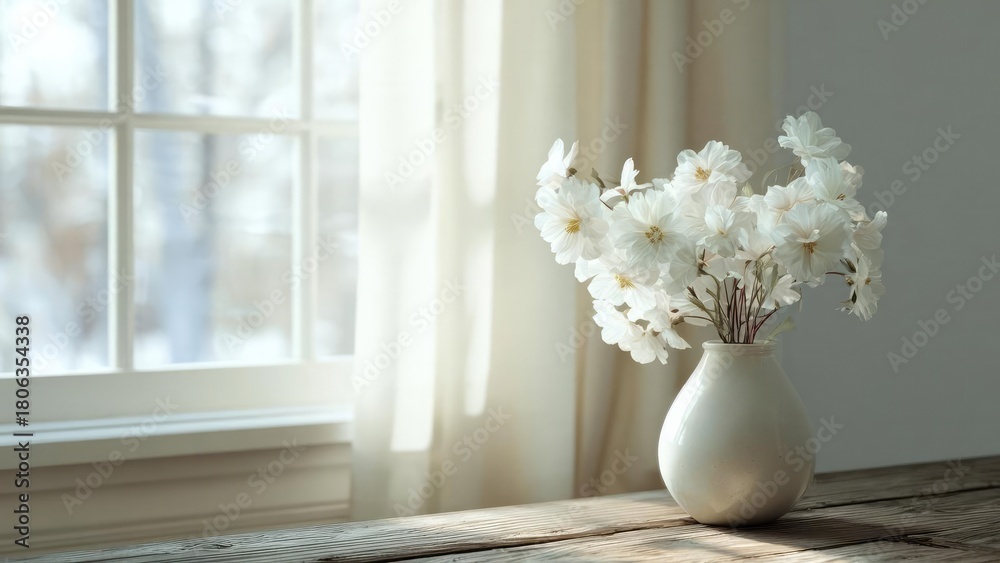 Fototapeta premium White ceramic vase with delicate white flowers on a wooden table beside a sunlit window. Concept Minimalist Still Life, White Floral Arrangement, Sunlit Window, Wooden Table Styling