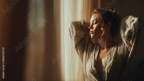 A woman in a striped robe stands by a sunlit window with her eyes closed, basking in warm light. Concept Sunlit window portrait, Striped robe calm moment, Warm golden light, Eyes closed serenity