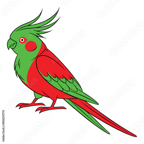 Vibrant tropical parrot with bright red and green plumage and distinctive crest
