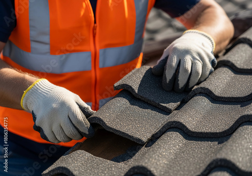 Roof Worker Repairing Roof Tiles (Headless Close-Up)