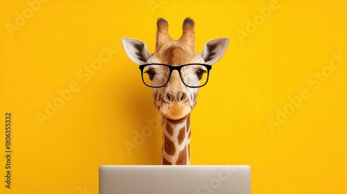 A giraffe wearing glasses looks at a laptop against a yellow background.